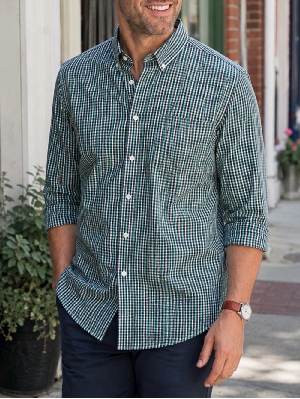 OLD NAVY Mens XL Green Black Gingham Button Down Shirt Cotton Long Sleeve